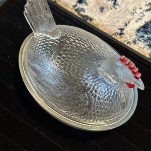 Indiana Glass Clear and Red Hen Covered Dish